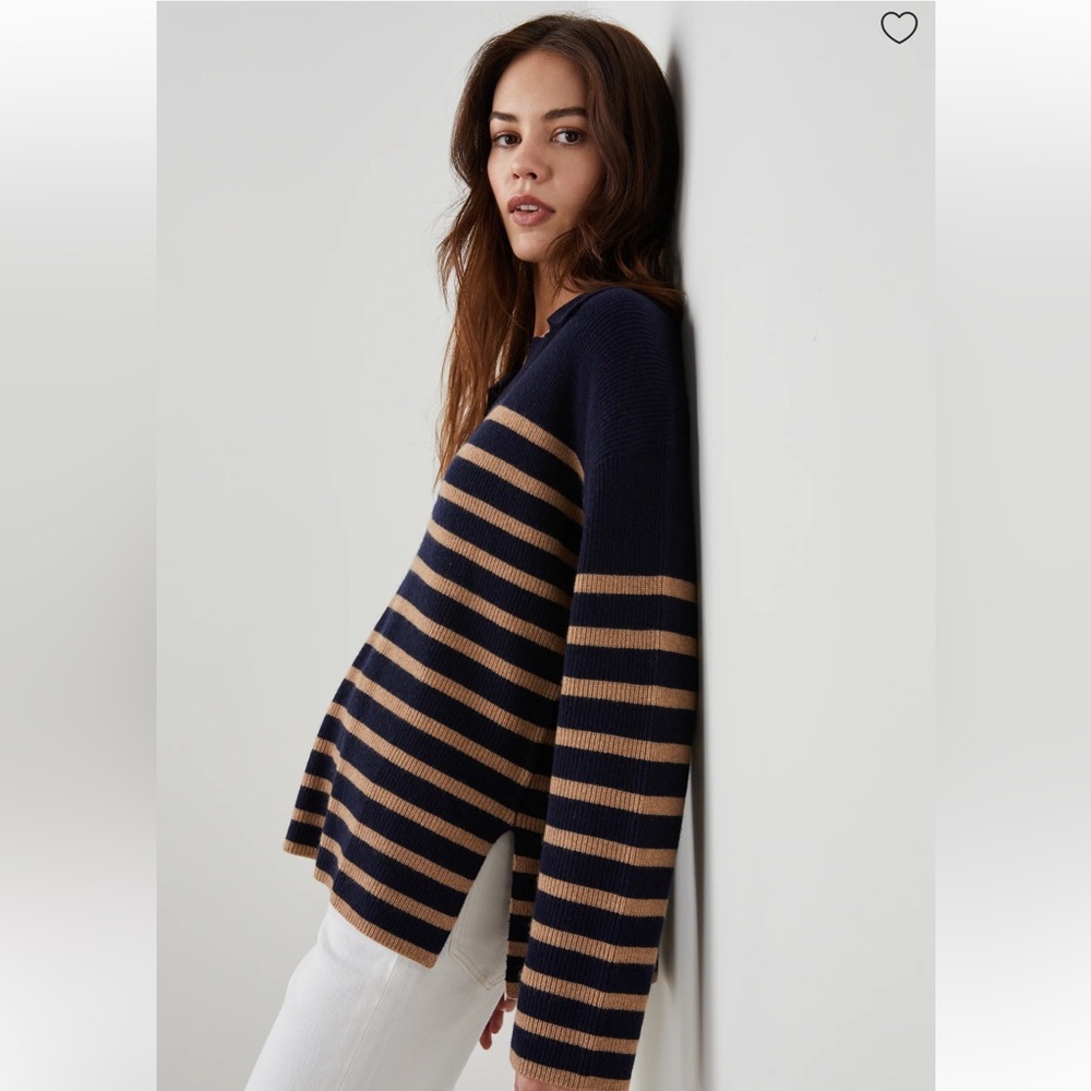 Rails Harris Wool Cashmere Polo Sweater in Camel Navy Stripe Size L - Picture 2 of 15